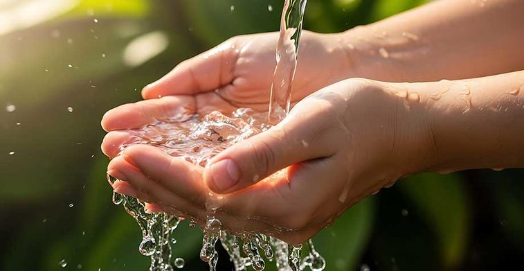 Hands holding flowing water with sunlight